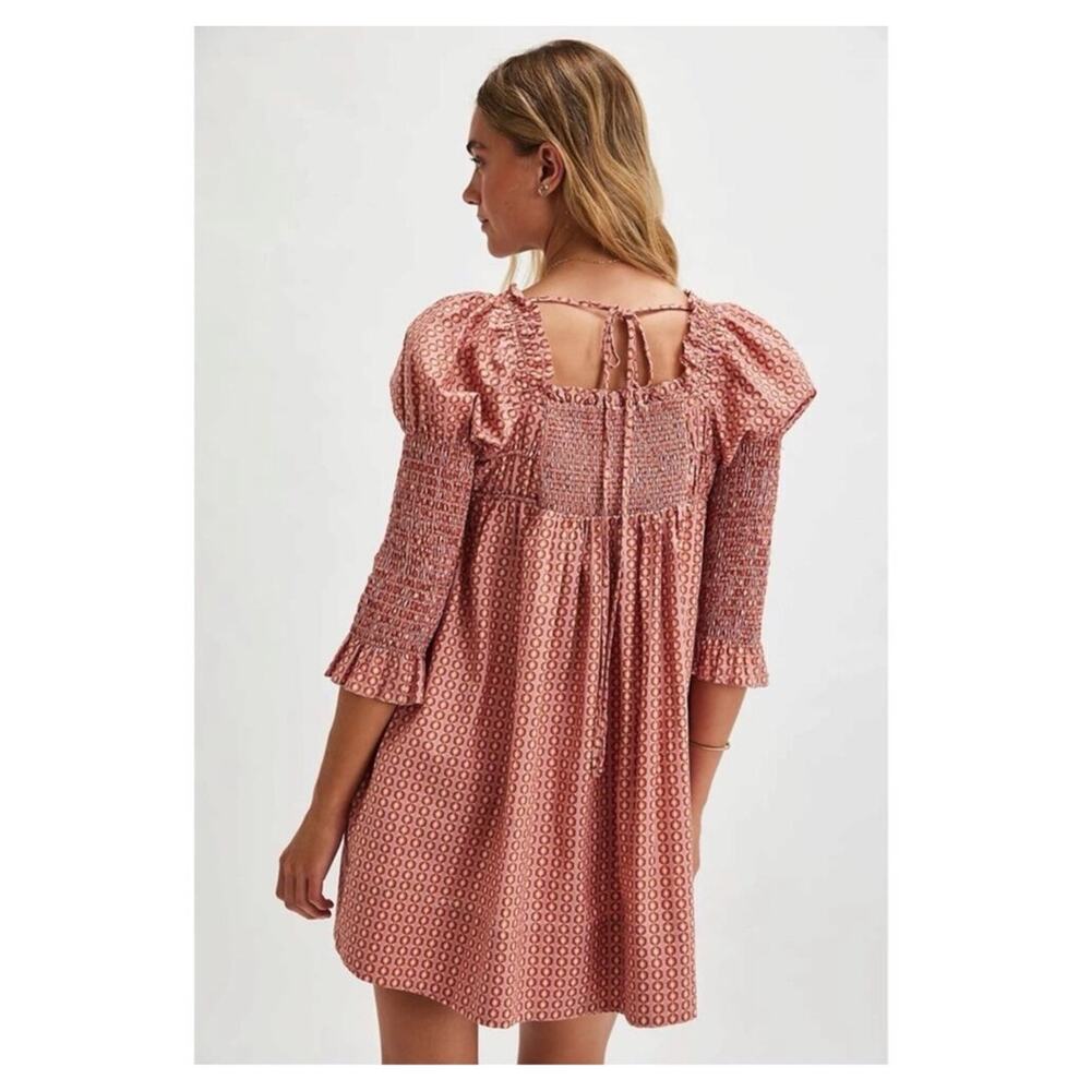 Free People Mini Dress Red Star Dip Smocked Allover Print Loose A Line Large - Picture 11 of 11